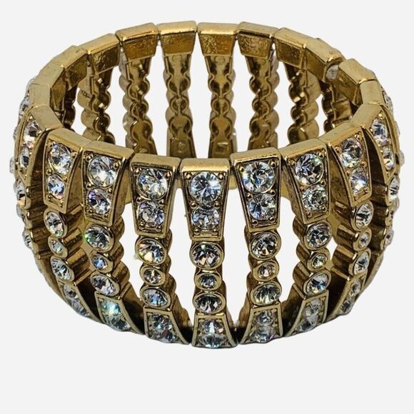 Vintage Shimmering Clear Rhinestone Sparkly Gold Tone Formal Stretch Bracelet - Picture 2 of 6